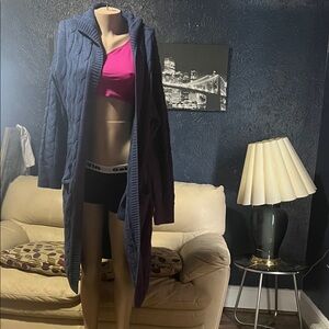Cozy Hooded Cable-Knit Long Cardigan - Navy